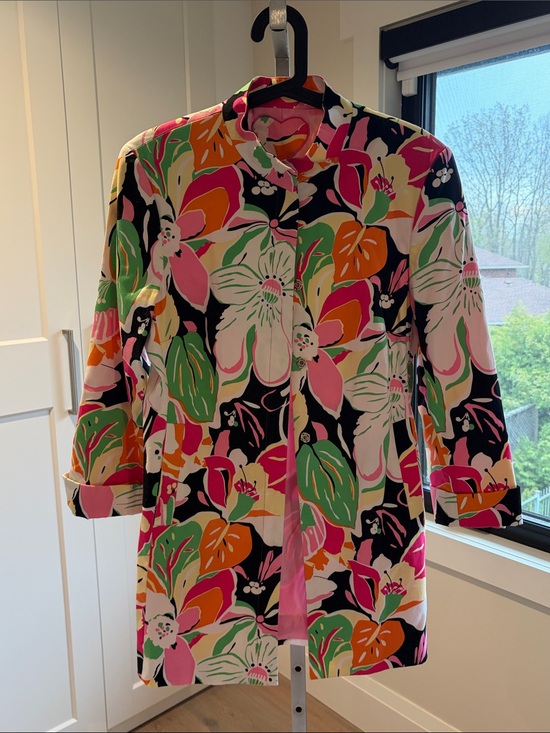 Vintage Jackets & Blazers - Vintage Floral Trench Coat - Pink, Green & Orange on Black